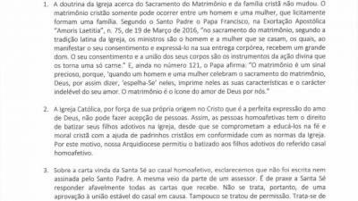 Nota de Esclarecimento da Arquidiocese de Curitiba acerca de carta enviada pela Santa Sé, parabenizando o batizado de filhos adotivos de casal homoafetivo