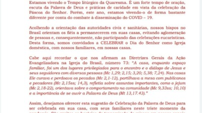 CNBB emite encontro para as famílias celebrarem o Dia do Senhor em suas residências