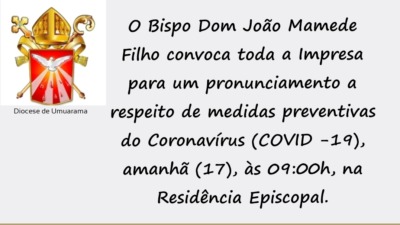 Bispo da Diocese de Umuarama fará pronunciamento sobre o Coronavírus para Imprensa
