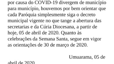 Comunicado Bispo da Diocese de Umuarama