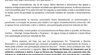 Bispo da Diocese de Umuarama faz novo comunicado sobre a abertura das Igrejas