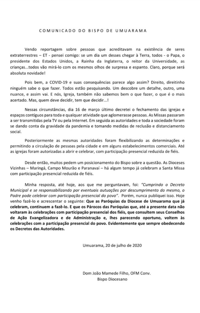 Bispo da Diocese de Umuarama faz novo comunicado sobre a abertura das Igrejas