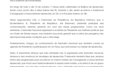 Nota de Esclarecimento – Santuário Nacional de Aparecida