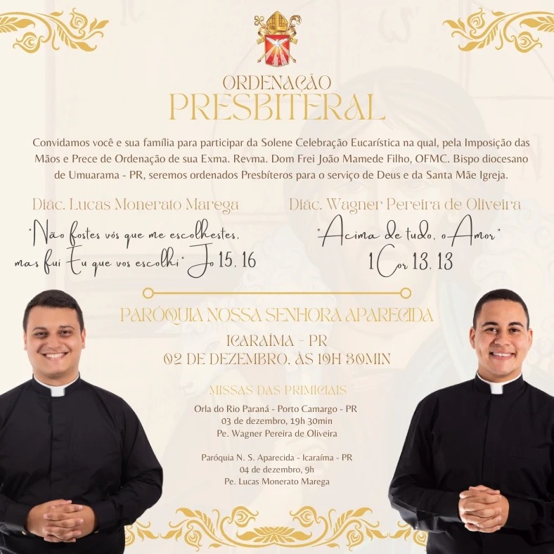 Dois jovens serão ordenados presbíteros na próxima sexta-feira