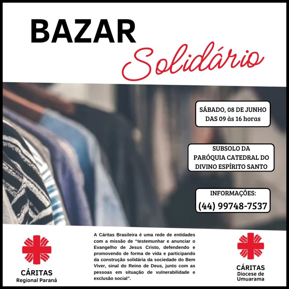 Cáritas Diocesana realizará Bazar Solidário neste sábado