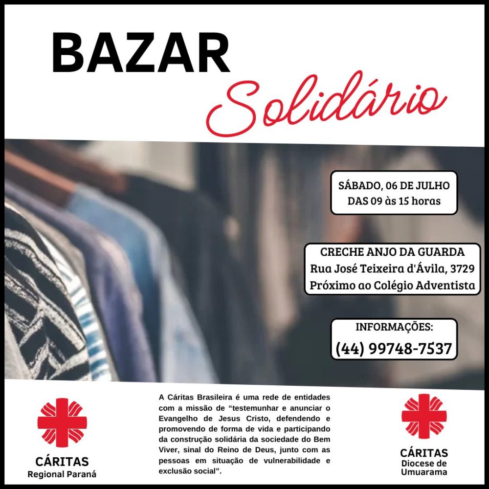 Cáritas Diocesana realizará Bazar Solidário neste sábado
