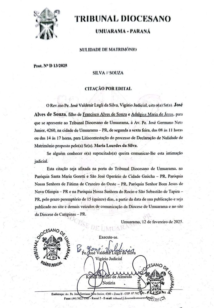 Intimação Judicial do Tribunal Diocesano